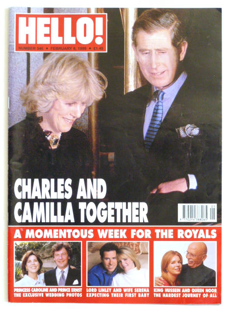 HELLO! Magazine Issue 546 Charles & Camilla, Golden Globes, Princess Caroline Wedding, Hussein & Noor (Feb 6, 1999)