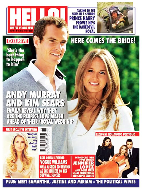 HELLO! Magazine Issue 1374 Andy Murray & Kim Sears, India Hicks, Vogue Williams (13 April 2015)